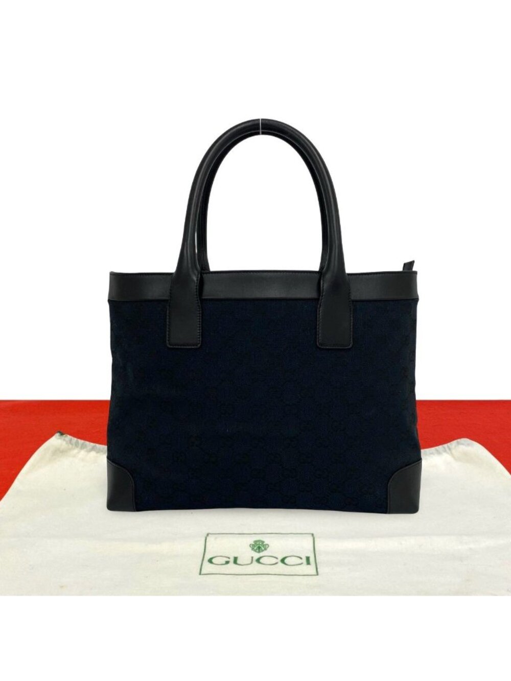 Gucci GG All Over Print Logo Canvas Leather Handbag Mini Tote Navy Black